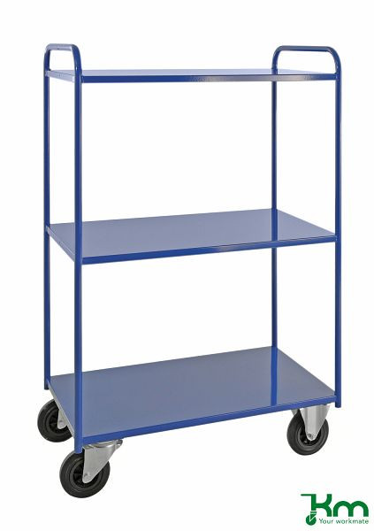 Kongamek Etagenwagen mit 3 Böden, vollständig geschweißt, 955 x 550 x 1470 mm, Blau, 2 Bockrollen 2 Lenkrollen mit Bremse, KM4144-BB