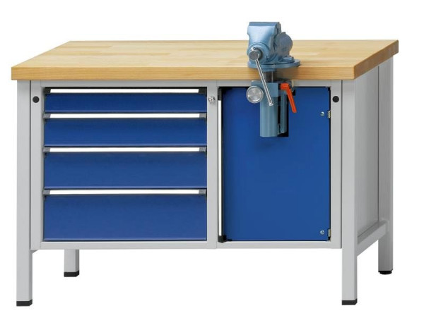 ANKE Werkbänke Montagewerkbank stationär; 1270x700x850mm; Buche-Massiv-Platte 50mm; Plattenkantenschutz; Links 4Schubladen Rechts Schraubstockfach, 340.145