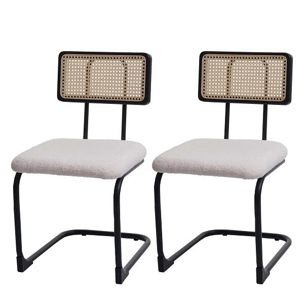 Mendler 2er-Set Freischwinger-Stuhl HWC-K88, Stuhl Lehnstuhl, Holz Rattan Metall Bouclé, Stoff/Textil weiß, 97712