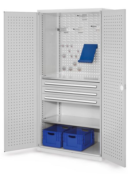 Kappes RasterPlan Schubladenschrank, Modell 12, RAL 7035, Türinnenseite: Lochplatten, 1950 x 1000 x 600 mm, 3 Schubladen H 100 mm, 1460.02.3013