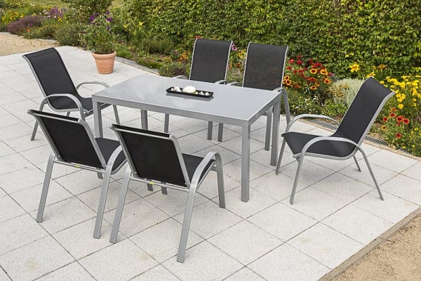 Merxx Amalfi Set 7-teilig, 6 Amalfi Stapelsessel, 1 Tisch 150 x 90 cm, graue Glasplatte, silber/schwarz, Aluminiumgestell mit Textilbespannung, 50343-317