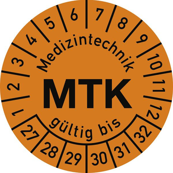 Moedel Prüfplakette Medizintechnik MTK 2027-2032, Polyesterfolie, Ø 15 mm, VE: 10 Stück/Bogen, 108260