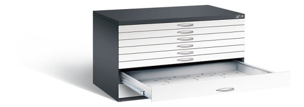 C+P Flachablageschrank Serie 7100_7200, H760xB1350xT960mm, Farbe: Schwarzgrau / Verkehrsweiß, Bügelgriff, 7201-200 S10274