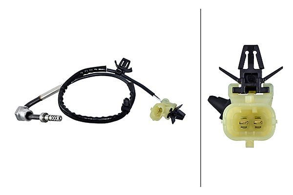 HELLA Sensor, Abgastemperatur - 2-polig - geschraubt - Kabel: 410mm - mit Befestigungsclips am Kabel, 6PT 010 376-301