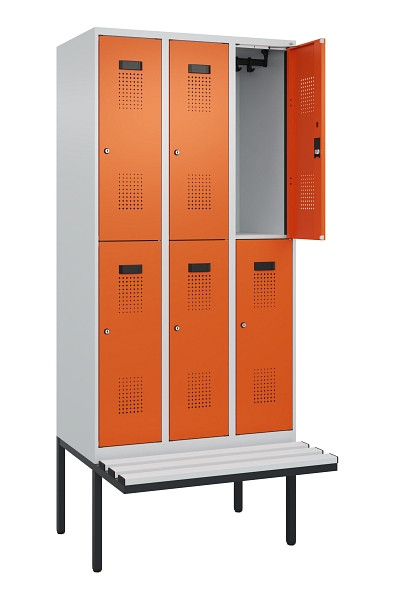 C+P Doppelstock-Spind Evolo PLUS, Bank, 6 Fächer, 2120x900x815mm, 7035/2004, Zylinderschloss, Sitzfläche Kunststoff, 0493407-30 S10110