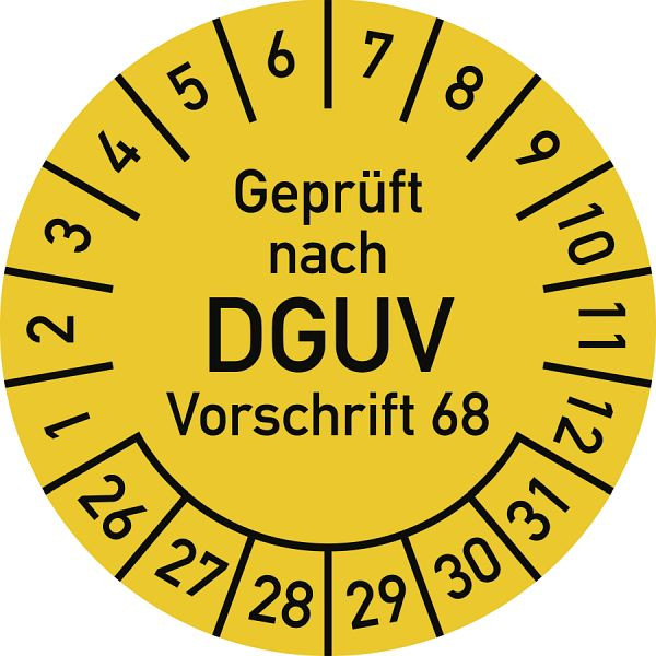 Moedel Prüfplakette Geprüft nach DGUV Vorschrift 68, 2026-2031, Polyesterfolie, Ø40mm, VE: 10 Stück/Bogen, 107182