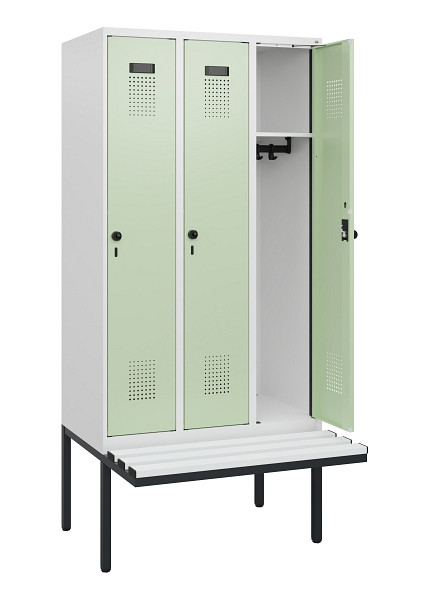 C+P Spind Evolo PLUS, 3 Abteile, 1950x900x815mm, 9016/6019, Drehriegel, Sitzfläche Kunststoff, 0490405-30 S10073