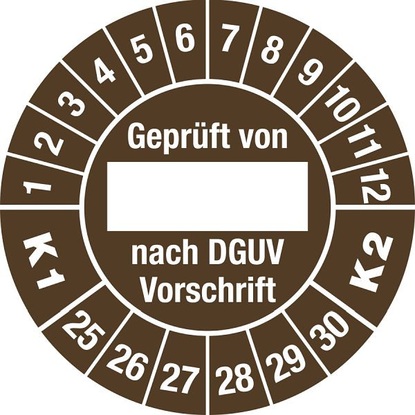 Moedel Prüfplakette Geprüft...DGUV...K1 K2, 2025 - 2030, Folie, Ø 30 mm, VE: 10 Stück/Bogen, 106404