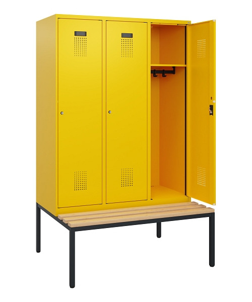 C+P Spind Evolo PLUS, 3 Abteile, 1950x1200x815mm, 1023/1023, Zylinderschloss, Sitzfläche Buche-Hartholz, Sitzbank, 0490505-32 S10049