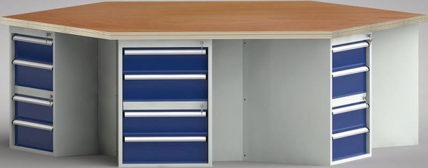 KLW Standard-Werkbank in Sechseckform (ERGO-Version) mit massiver Buchen-Parkettplatte in 6-Eck-Form 2338 x 2700 x 40 mm L x B x S, WS620E-1350M40-E9002