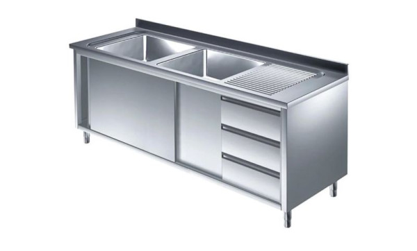 A&S Gastro Spülschrank mit Schubladenblock, 2 Becken links, Bautiefe 700 mm, 140x700x850 mm, SPSCH1472BL-S