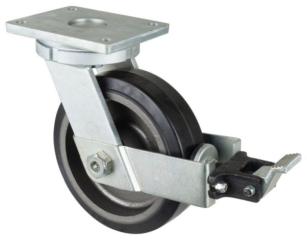 BS Rollen Schwerlastrolle mit Rad-/Feststeller, Breite 75 mm, Ø250 mm, bis 750 kg, Elastik-Reifen schwarz, Radkörper Guss, Kugellager, RR120.B81.252