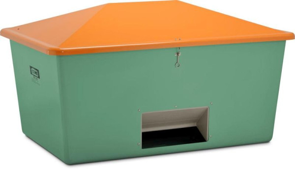 Cemo Streugutbehälter 2200 l, mit Entnahmeöffnung, Behälter grün, Deckel orange, Maße: 213 x 152 x 124 cm, 7446