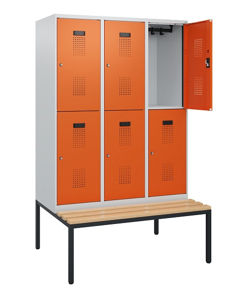 C+P Doppelstöckiger Spind Evolo PLUS, Bank, 6 Fächer, 1950x1200x815mm, 7035/2004, Zylinderschloss, Sitzfläche Buche-Hartholz, Sitzbank, 0493505-32 S10022