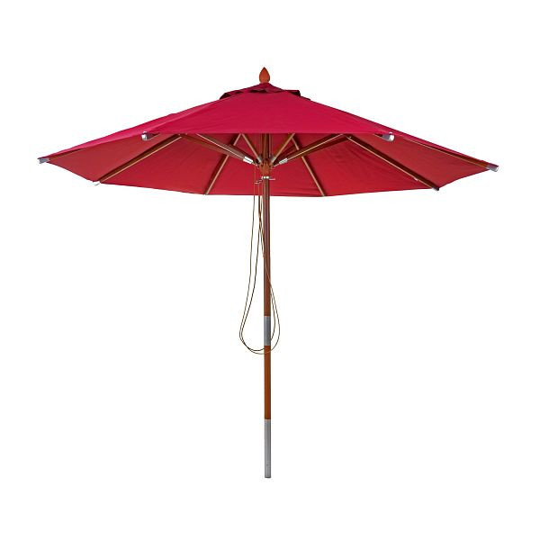Mendler Gastronomie Holz-Sonnenschirm HWC-C57, Gartenschirm, Polyester/Holz 14kg, rund Ø3m Seilzug stoßsicher, bordeaux, 66522