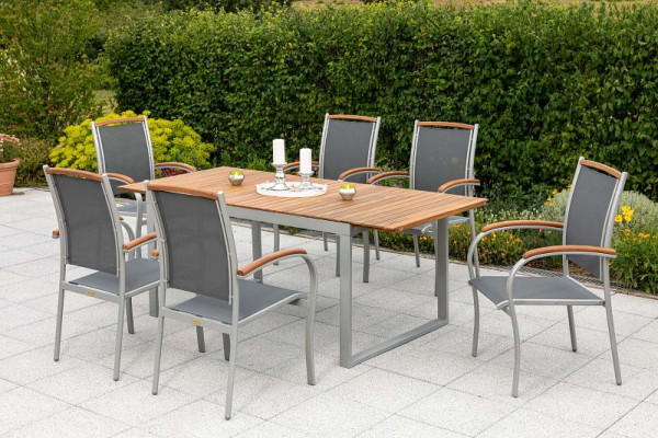 Merxx Siena Set 7-teilig, 6 Siena Stapelsessel, mit Akazienholzapplikationen, 1 Ausziehtisch, 150 (200) x 90 cm, Tischplatte aus Akazienholz, 50232-219