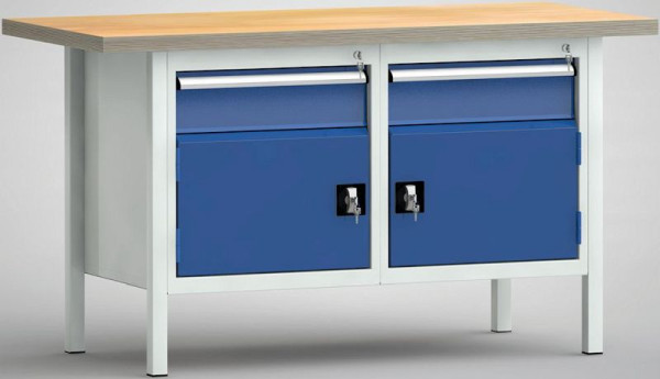 KLW Standard-Werkbank, 1500 x 700 x 840 mm, mit Buchen-Multiplexplatte, links: 150EA/Türe 350 mm, rechts: 150EA/Türe 350 mm, WS177N-1500M40-E1650