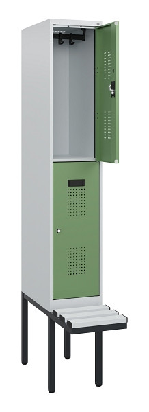 C+P Doppelstock-Spind Evolo PLUS, Bank, 2 Fächer, 1950x300x815mm, 7035/6011, Zylinderschloss, Sitzfläche Kunststoff, 0493405-10 S10145