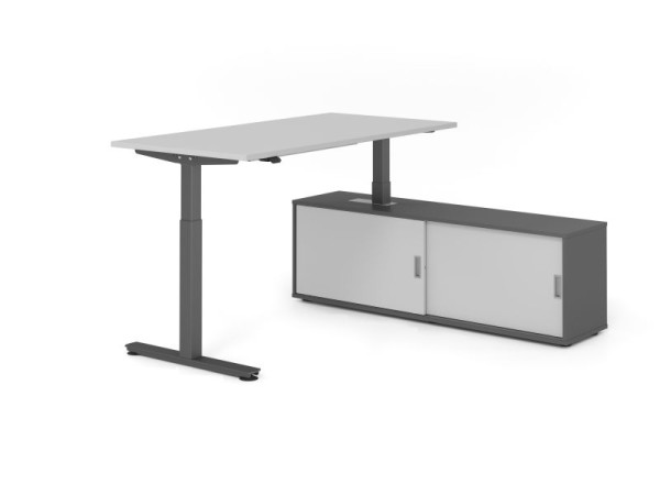 Hammerbacher Schreibtisch XMST16, 160x80cm, Platte: Grau, T-Fuß Gestell Graphit, Höhe: 71 - 120 cm, Graphit / Grau, VXMST16SB/5/G/G/5