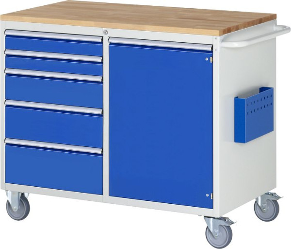 RAU Montagewagen Serie 7000 B1145xT650xH975mm, Buche-Massiv-Arbeitsplatte, links Schubladen 2xH90, H150, H180, H210mm, rechts Flügeltür, 15-LL5.22.12A-B.11