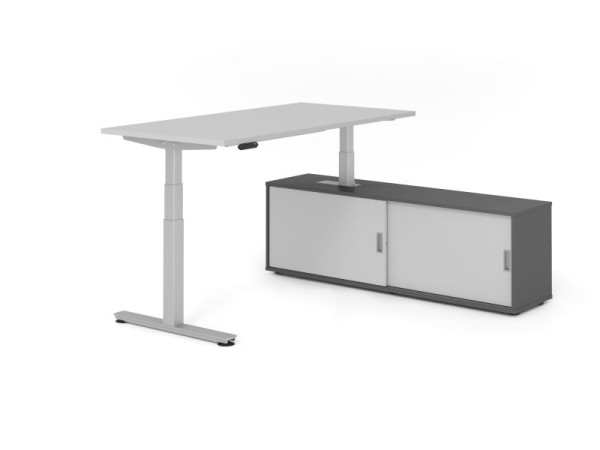 Hammerbacher Schreibtisch XDSM16, 160x80cm, Platte: Grau, T-Fuß Gestell Silber, Höhe: 63 - 127 cm, Graphit / Grau, VXDSM16SB/5/S/G/5