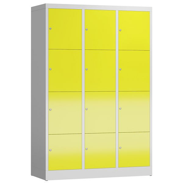 Lüllmann ClassiX Schließfachschrank, 3 Abteile à 4 Fächer, 1800 x 1185 x 500 mm, lichtgrau/zinkgelb, X-523436