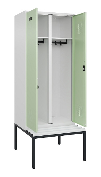C+P Schwarz-Weiß-Spind Evolo PLUS, Bank, 2 Abteile, 2120x800x815mm, 9016/6019, Zylinderschloss, Sitzfläche Kunststoff, Sitzbank, 0490527-22 S10099
