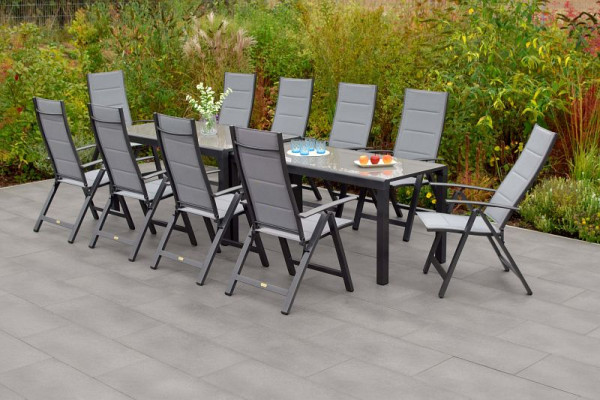 Merxx 11-teilig Florenz Set, 10 Florenz Klappsessel, gepadded, graphit/grau, 1 Flexausziehtisch, 160/320 x 78/75 cm, 50566-309