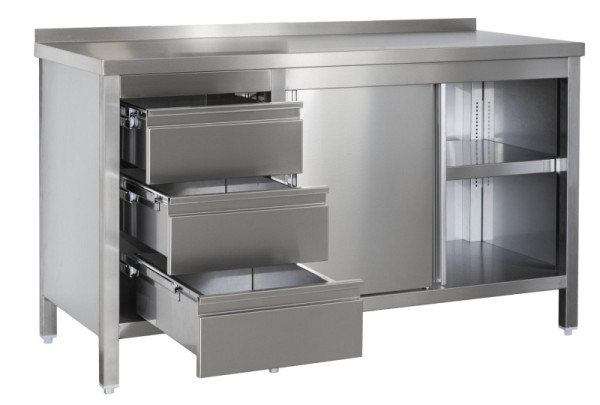 A&S Gastro Edelstahl Arbeitsschrank mit Aufkantung, Schubladenblock links, Türen, Zwischenboden, Tiefe 700mm, AISI 304, 900 x 700 x 850 mm, ARSASBL097
