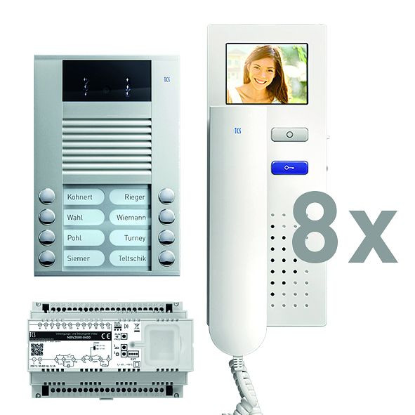 TCS Türkontrollsystem video:pack AP für 8 Wohneinheiten, mit Außenstation AVE 8 Klingeltasten, 8x Video Türtelefon IVH3222, Steuerung, PVE1580-0010
