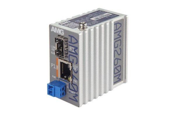AMG Systems Mini Medienkonverter, 1 x 10/100/1000BT RJ45 30W, 1 x 100/1GBFX SFP Slot, 48-56 VDC Input, DIN Rail / Wandmontage, AMG260M-1GAT-1S-P30