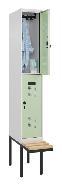 C+P Doppelstock-Spind Evolo PLUS, Bank, 2 Fächer, 2120x300x815mm, 9016/6019, Drehriegel, Sitzfläche Buche-Hartholz, 0493407-10 S10019