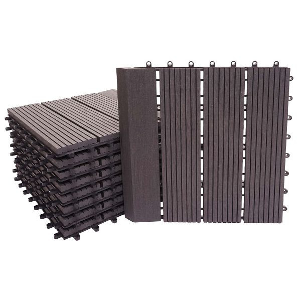 Mendler WPC Bodenfliese Rhone + Abschluss, Holzoptik Balkon/Terrasse, 11x je 30x30cm = 1qm Premium, anthrazit linear senkrecht, 77620