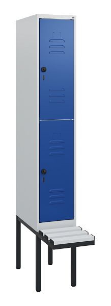 C+P Doppelstöckiger Spind Classic PLUS, 1950x300x815mm, 7035/5010, Drehriegel, mit Untergestell und schwebender Sitzfläche, 0803405-10 S10063