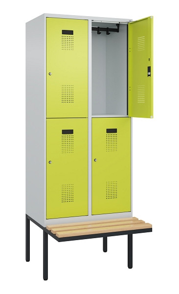 C+P Doppelstock-Spind Evolo PLUS, Bank, 4 Fächer, 2120x800x815mm, 7035/0024, Zylinderschloss, Sitzfläche Buche-Hartholz, 0493407-22 S10042