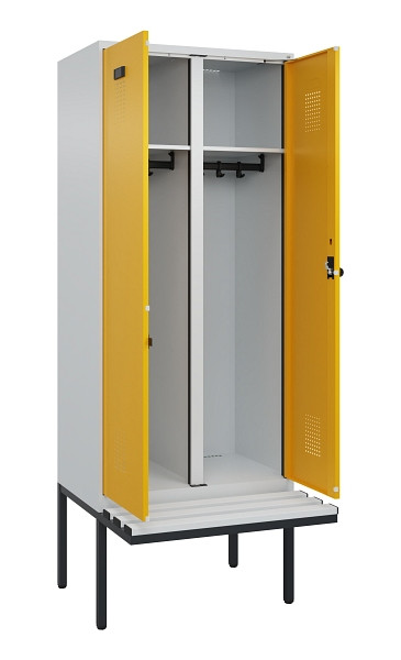 C+P Schwarz-Weiß-Spind Evolo PLUS, Bank, 2 Abteile, 2120x800x815mm, 7035/1004, Drehriegel, Material Sitzfläche Kunststoff, 0490427-22 S10054