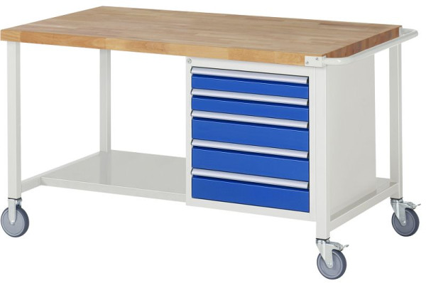 RAU Fahrbare Werkbank 8000 - Modell 8171, B1500 x T900 x H880-1080 mm, Systemunterbau B1495 x T850 mm, 5 Schubladen, 05-8171A6-159B4H.11