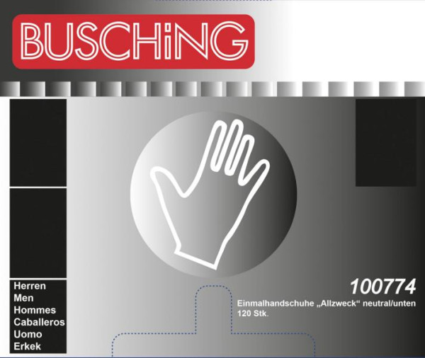 Busching Einmalhandschuhe "Allzweck", farblos, Entnahme unten, 1 x Dispenserbox (á 120 ), VE: 10 Stück, 100774
