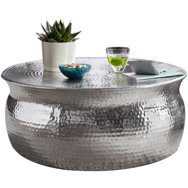 Wohnling Couchtisch KARAM 75x31x75cm Aluminium Silber orientalisch rund, WL5.451