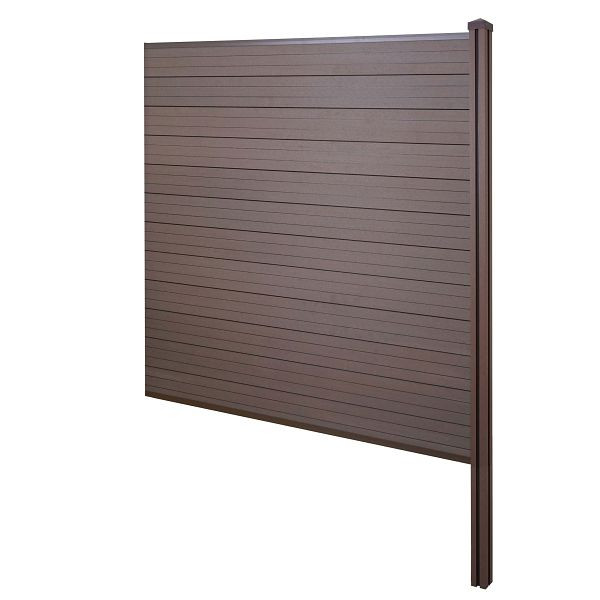 Mendler WPC-Sichtschutz Sarthe, Windschutz Zaun, WPC-Pfosten zum Einbetonieren, Erweiterungselement, 188cm braun, 76247+3x76232+76235+76256