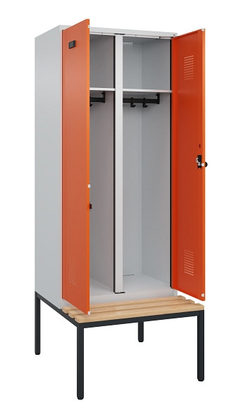 C+P Schwarz-Weiß-Spind Evolo PLUS, Bank, 2 Abteile, 2120x800x815mm, 7035/2004, Drehriegel, Sitzfläche Buche-Hartholz, Sitzbank, 0490527-22 S10002