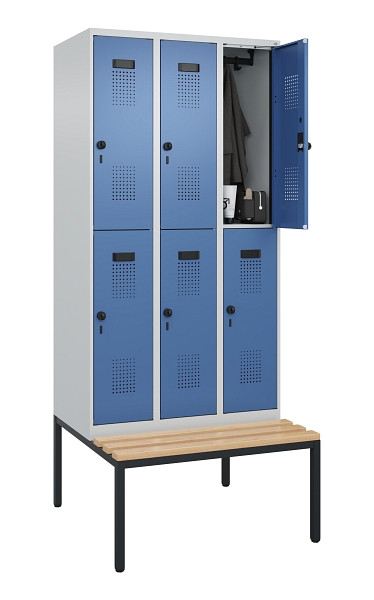 C+P Doppelstock-Spind Evolo PLUS, Bank, 6 Fächer, 2120x900x815mm, 7035/5023, Drehriegel, Sitzfläche Buche-Hartholz, Sitzbank, 0493507-30 S10008