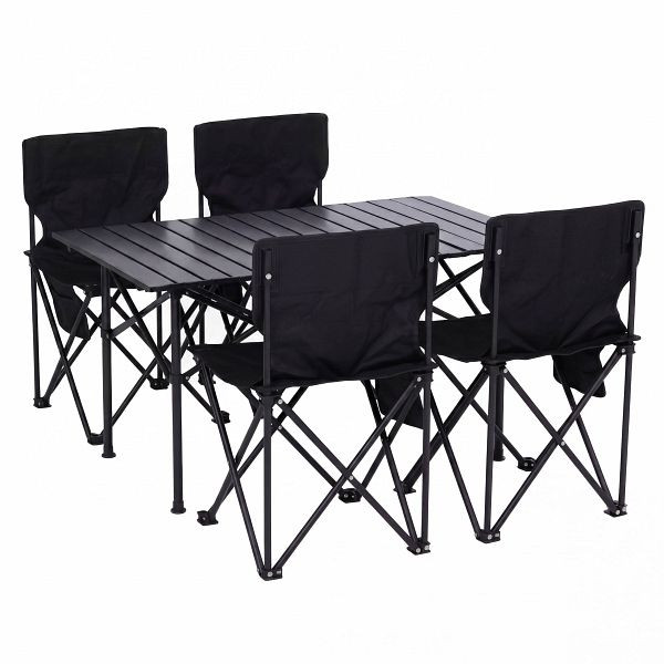 Mendler Campingset HWC-Q39, Tisch 4x Stuhl Klappstuhl Anglerstuhl faltbar, Metall Stoff, schwarz, 106799