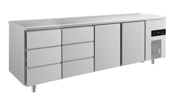 A&S Polarny Kühltisch -2 bis +8°C mit 2x Türen und 2x drei Schubladen links, 2330 x 700 x 850 mm, KT4DDTT