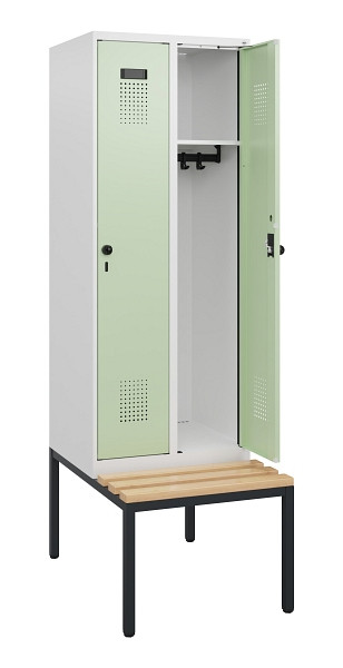 C+P Spind Evolo PLUS, 2 Abteile, 1950x600x815mm, 9016/6019, Drehriegel, Sitzfläche Holz, Sitzbank, 0490505-20 S10021