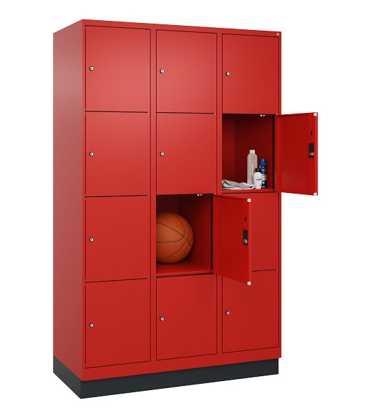 C+P Schließfachschrank Evolo PLUS, mit Sockel, 12 Fächer, 1950x1200x500mm, 3020/3020 Verkehrsrot, Abteile 3, Abteilbreite 400 mm, 049020-324 S10025