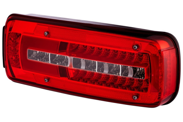 HELLA Heckleuchte, Truck Full LED, LED, 24V, Anbau/geschraubt, glasklar/rot, LED-Lichtfarbe: weiß/rot/gelb, 500mm, HDSCS, AMP, rechts, 2VP 012 381-221