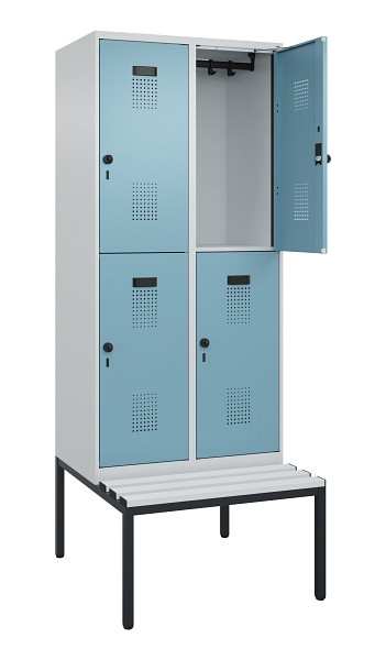 C+P Doppelstock-Spind Evolo PLUS, Bank, 4 Fächer, 2120x800x815mm, 7035/0010, Drehriegel, Sitzfläche Kunststoff, Sitzbank, 0493507-22 S10090