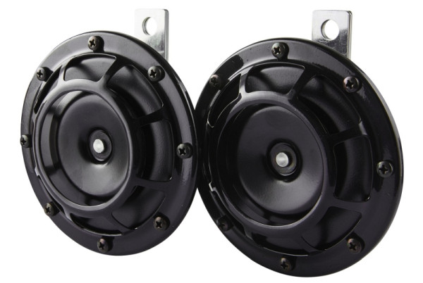 HELLA Horn, B133, 24V, 118dB(A), Frequenzbereich: 375/500Hz, Starkton, Gehäusefarbe: schwarz, Flachsteckanschluss, Set, 3AG 003 399-101