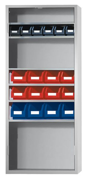Kappes Ordnungsschrank ohne Türen Modell 42, 1950 x 950 x 400 mm, RAL 7035, Inklusiv Lagersichtkasten 4 x Größe 3, 8 x Größe 4, 6 x Größe 5, 1004.03.0013